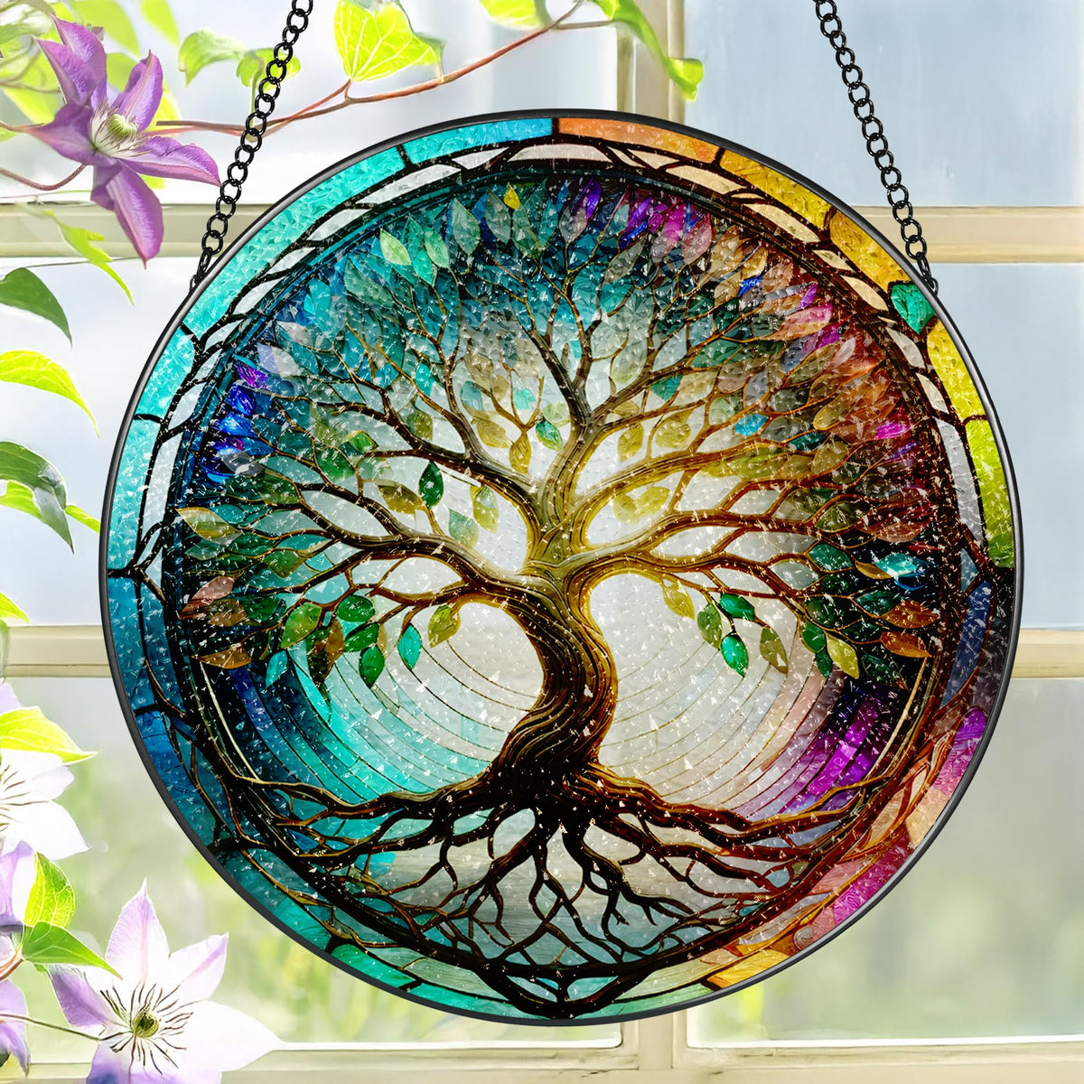 LAOWEIKI 8-inch Tree of Life stained glass suncatcher front view
