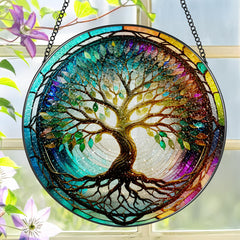 LAOWEIKI 8-inch Tree of Life stained glass suncatcher front view
