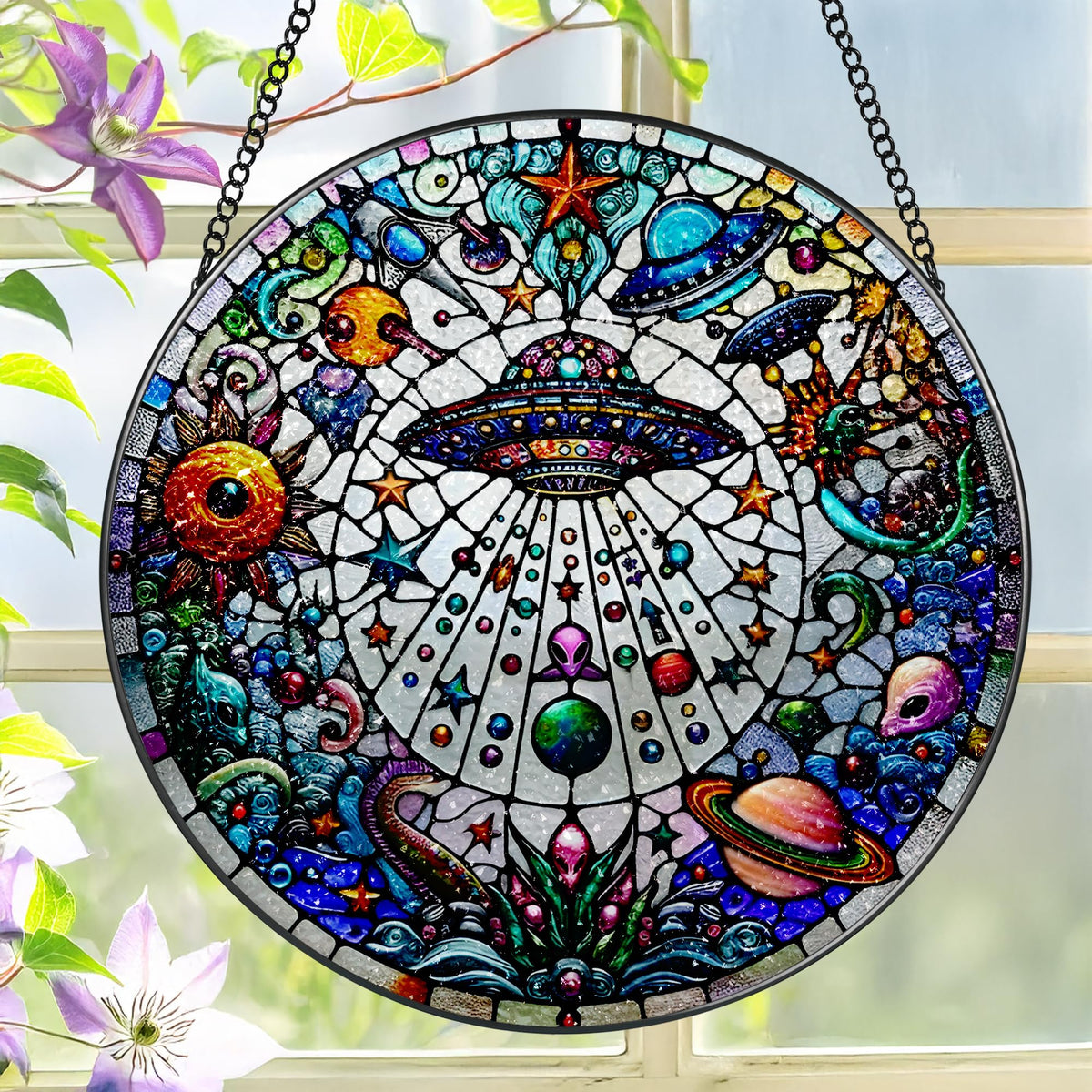 LAOWEIKI 8-inch UFO & Alien stained glass suncatcher front view