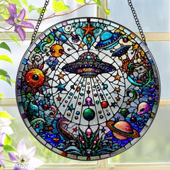 LAOWEIKI 8-inch UFO & Alien stained glass suncatcher front view