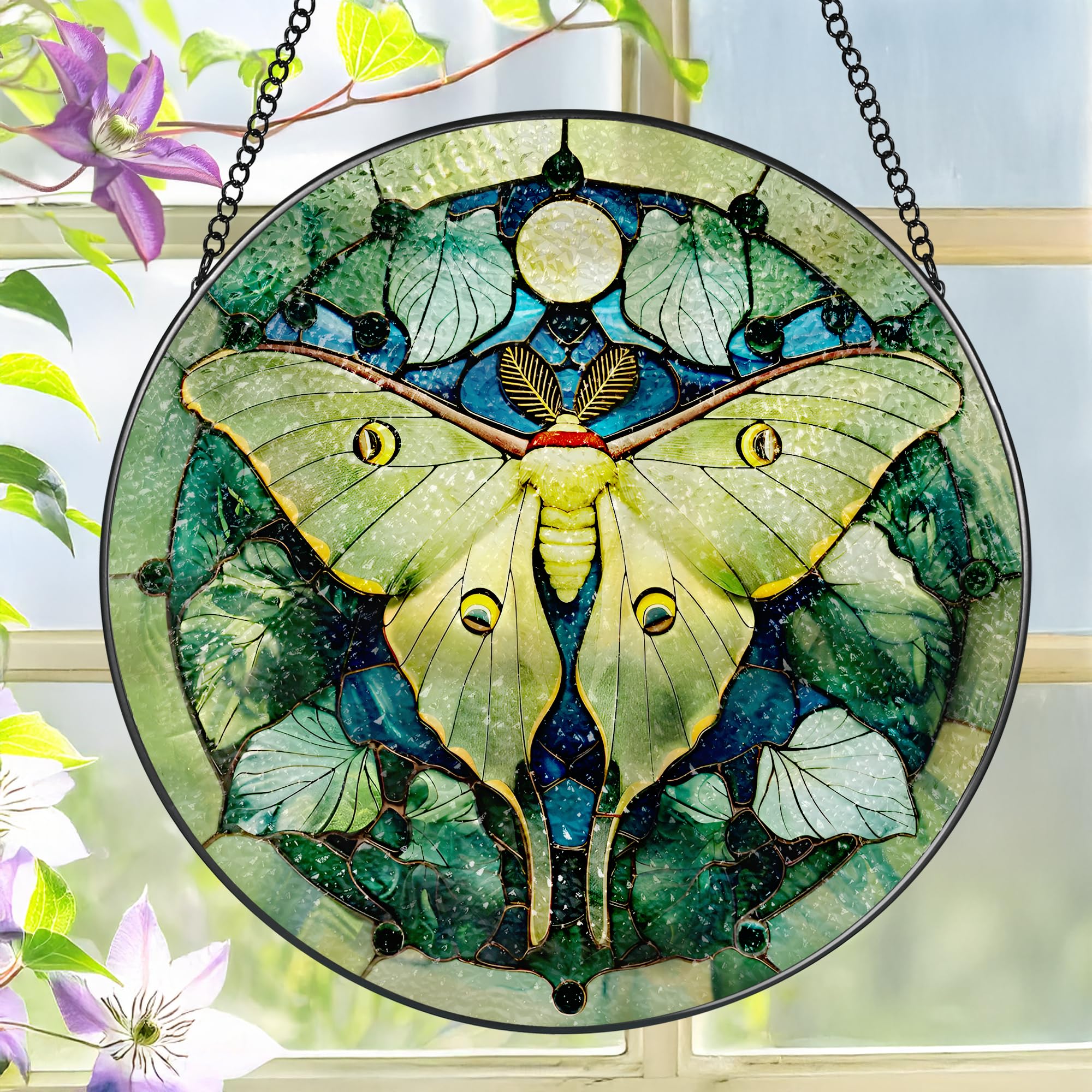 LAOWEIKI Luna Moth Suncatcher front view with vibrant colours