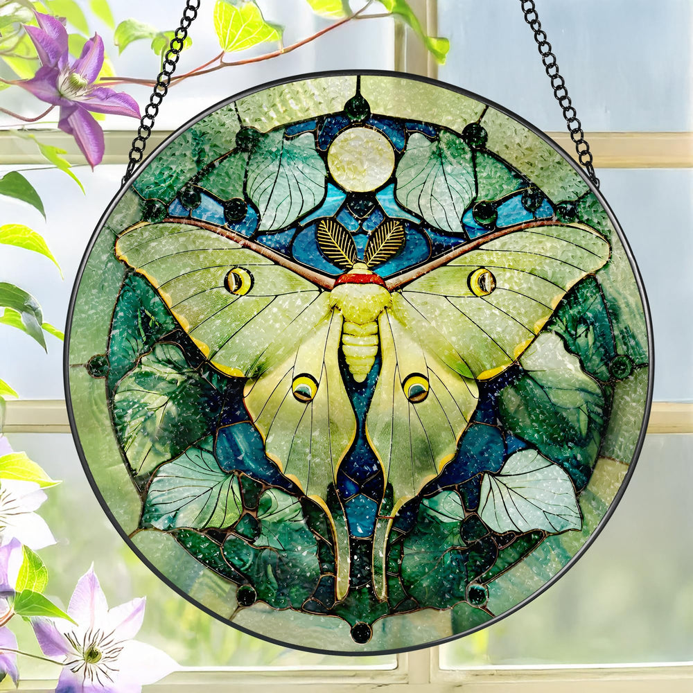 LAOWEIKI Luna Moth Suncatcher front view with vibrant colours