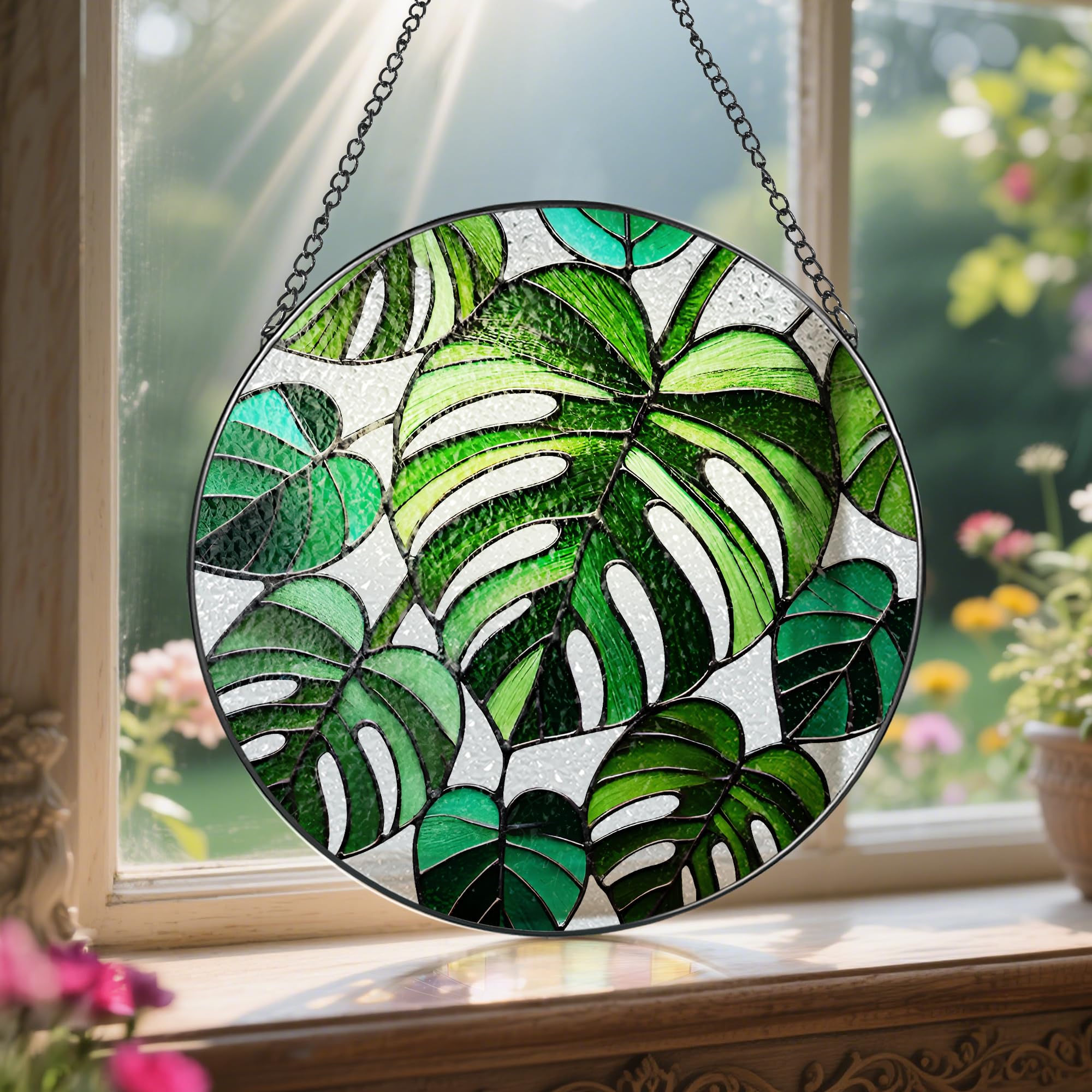 LAOWEIKI Monstera stained glass suncatcher packaging