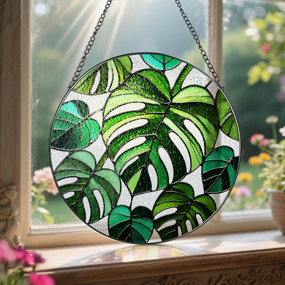 LAOWEIKI Monstera stained glass suncatcher packaging