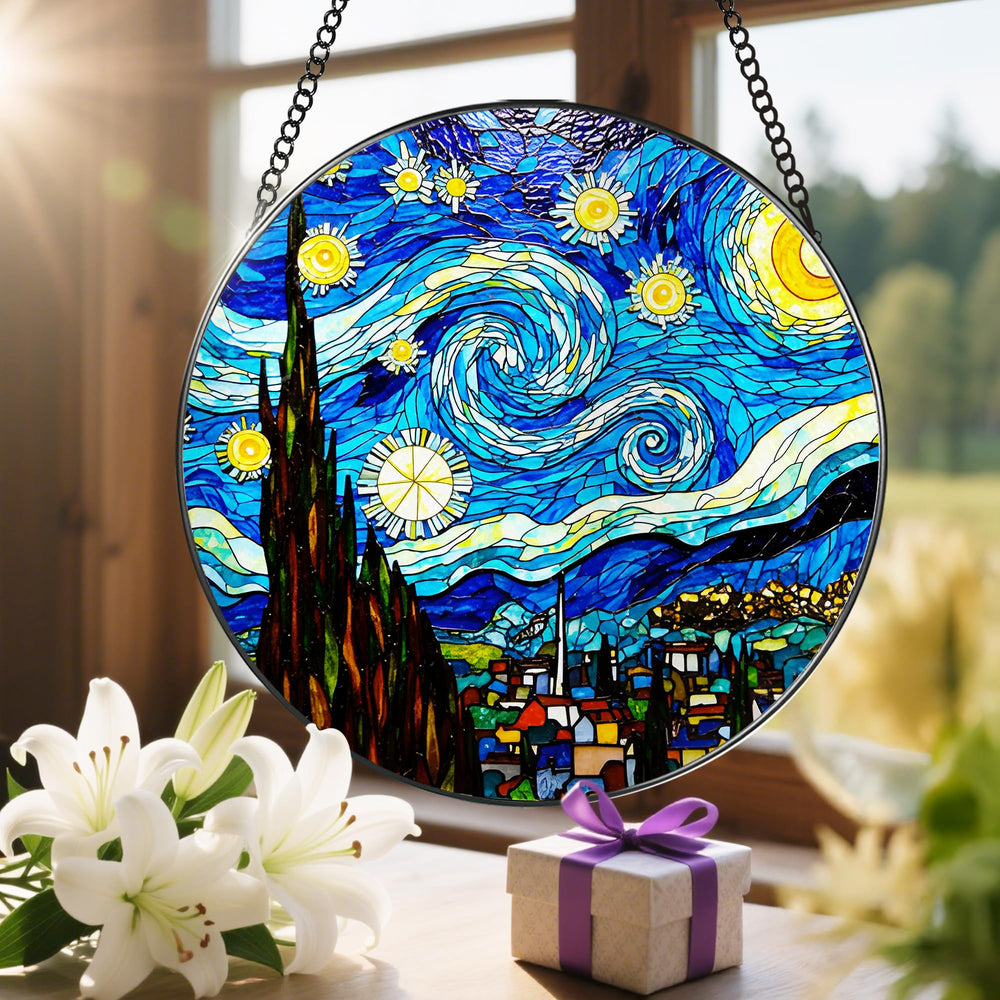 LAOWEIKI stained glass ornament displayed in a garden