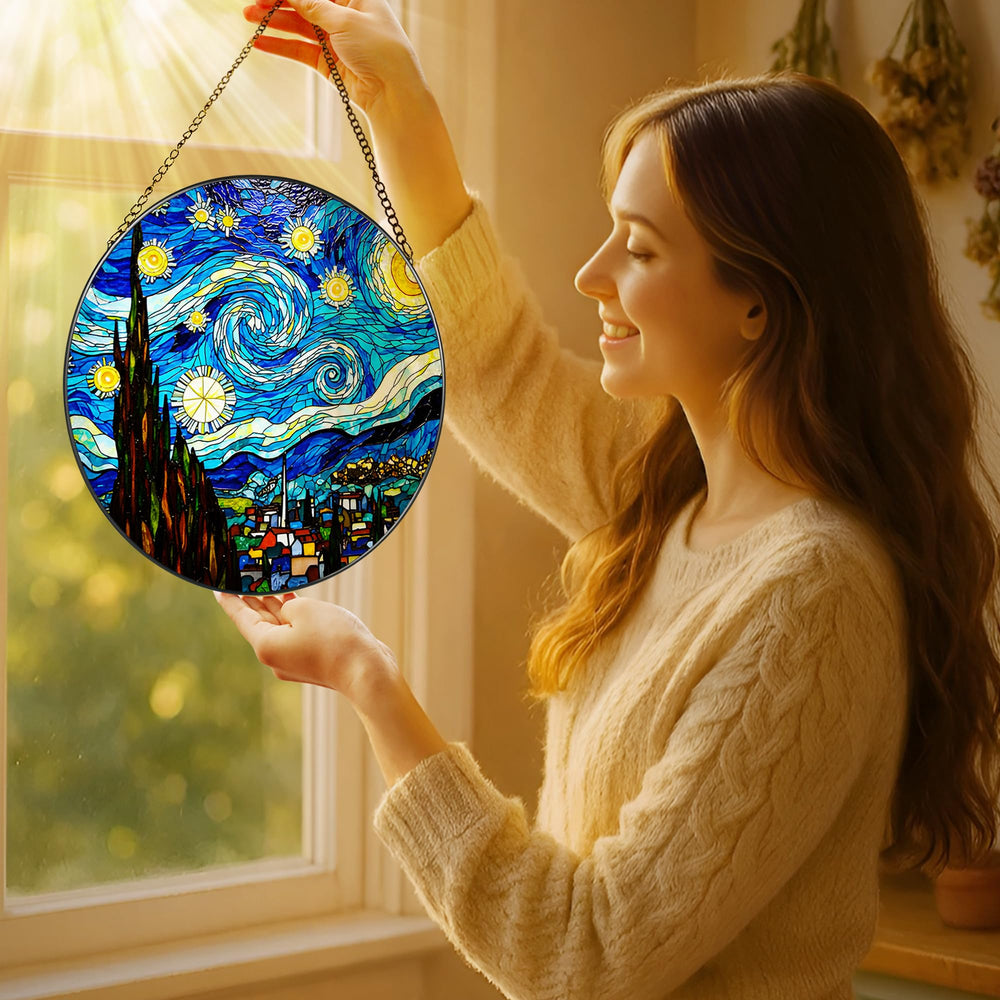 LAOWEIKI stained glass sun catcher hanging in window