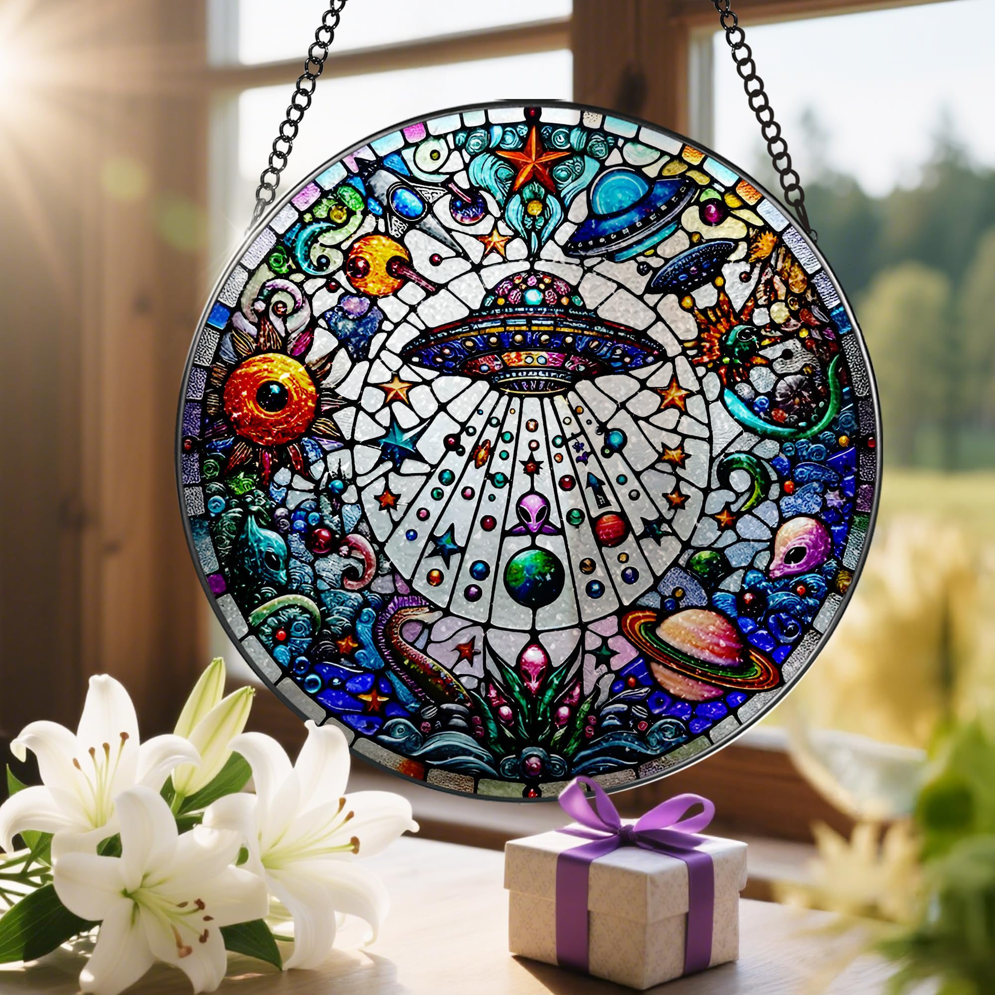LAOWEIKI stained glass suncatcher hanging outdoors