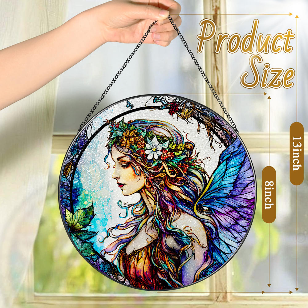 LAOWEIKI stained glass suncatcher with black metal frame