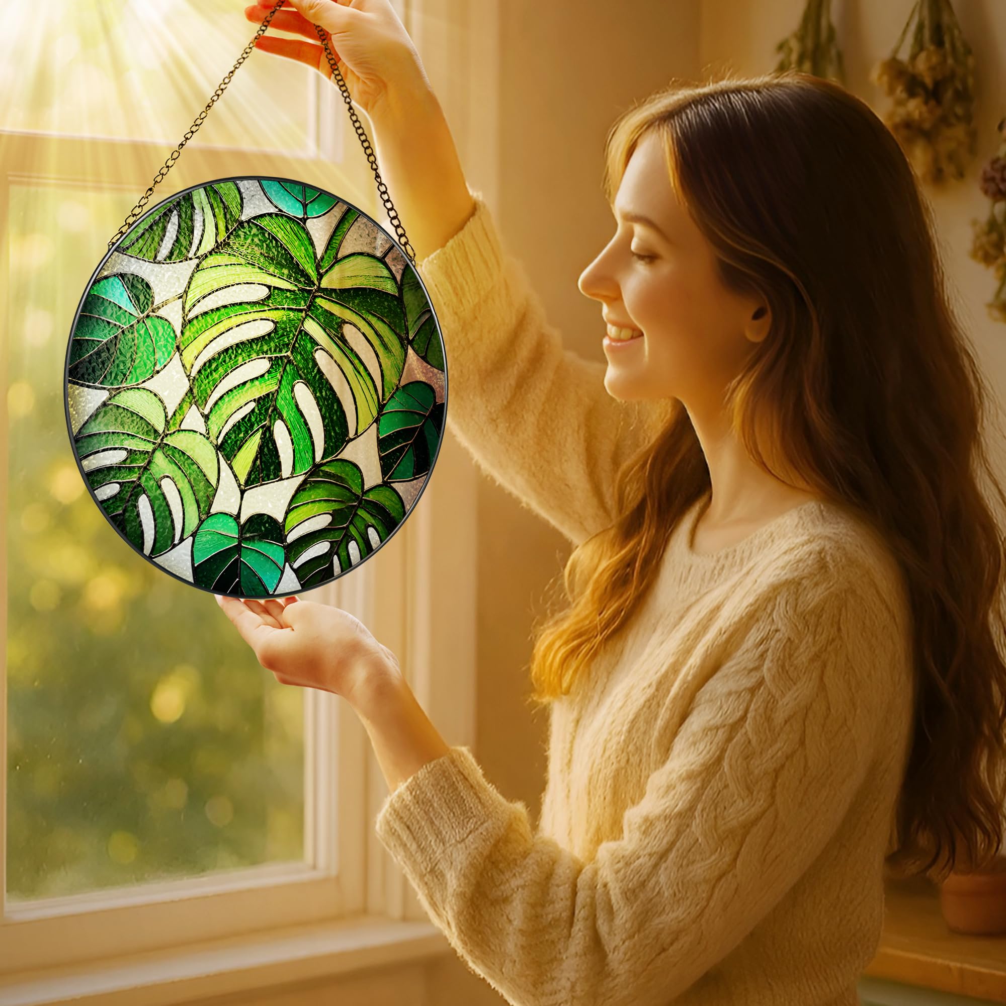 LAOWEIKI stained glass suncatcher with vibrant colours in sunlight