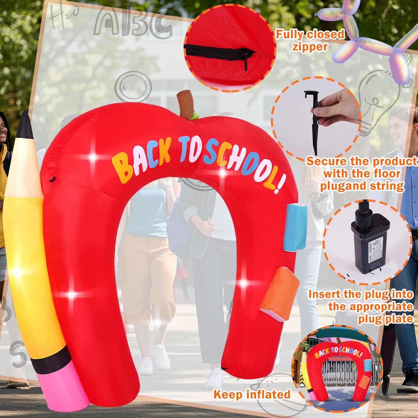Large inflatable pencil and books flanking the arch
