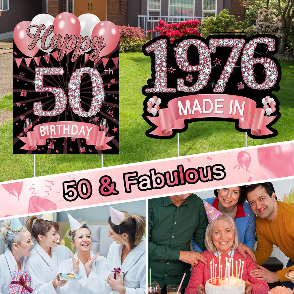 Large rose gold birthday yard signs in outdoor setting