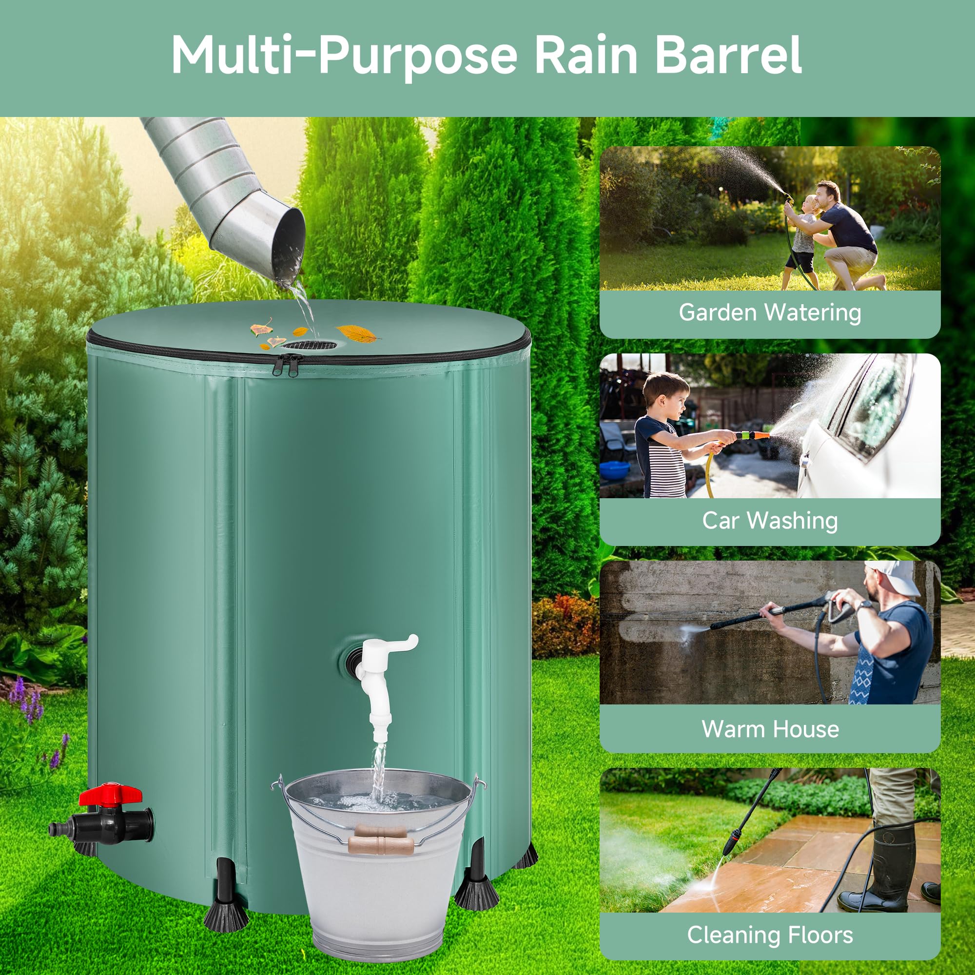 Laspeiraux green rain barrel in a garden setting