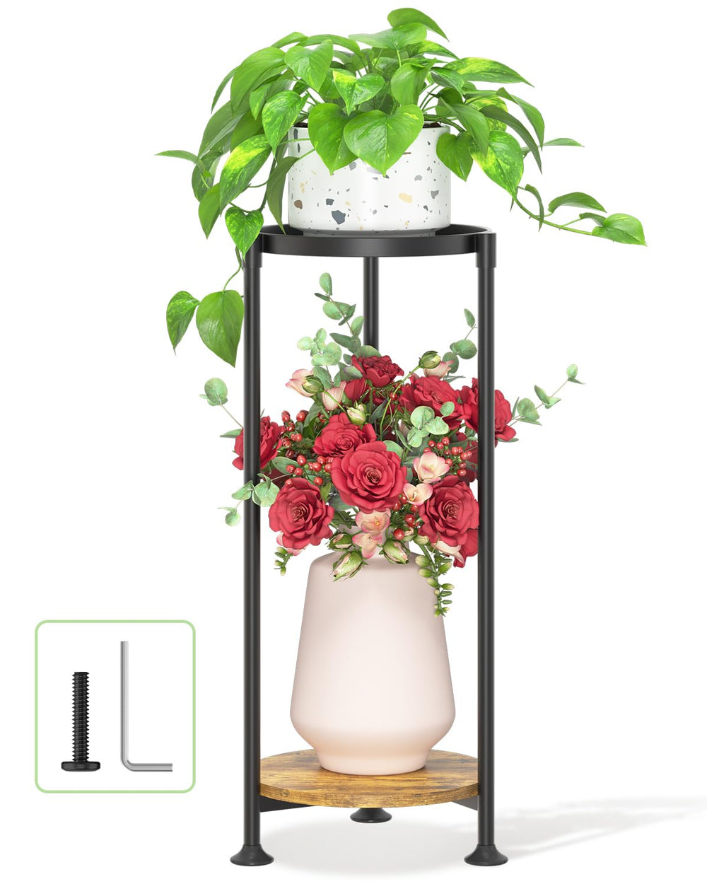 LASZOLA 2 Tier Plant Stand black metal with plants