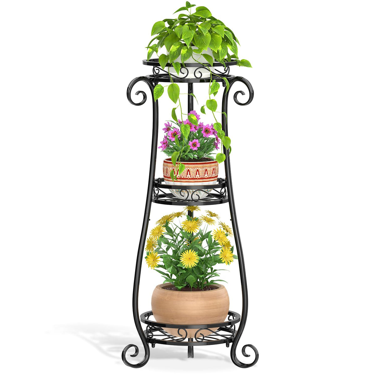 LASZOLA 3-Tier Metal Corner Plant Stand front view in black