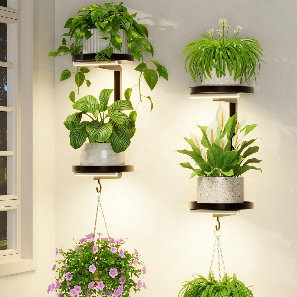 LASZOLA plant hanger holder shelf black front view with grow lights