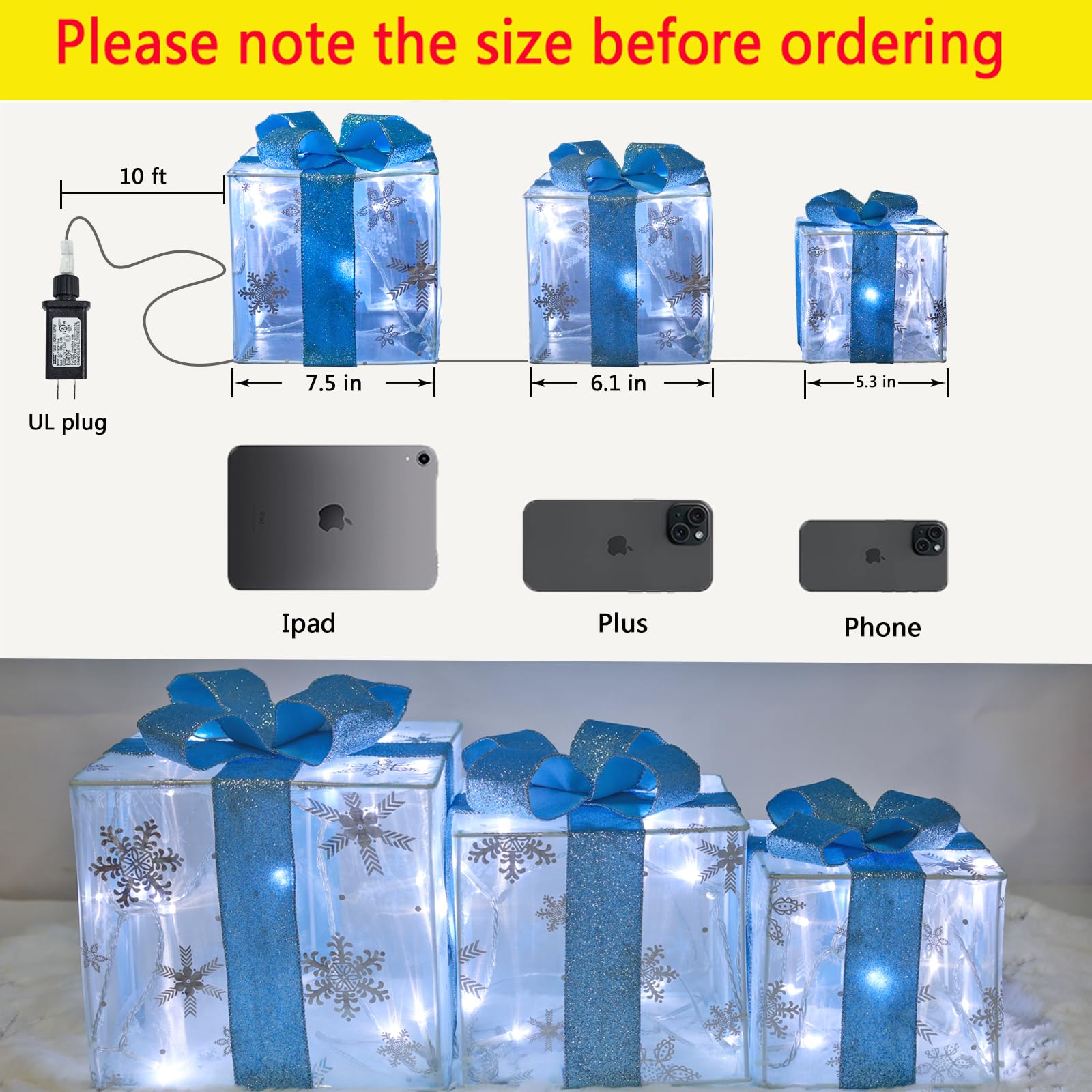 Lauzior Christmas Lighted Gift Boxes medium size with blue ribbon