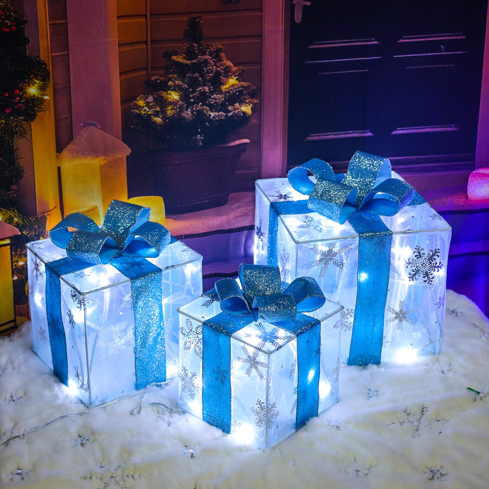 Lauzior Christmas Lighted Gift Boxes with pine cones and snowflakes