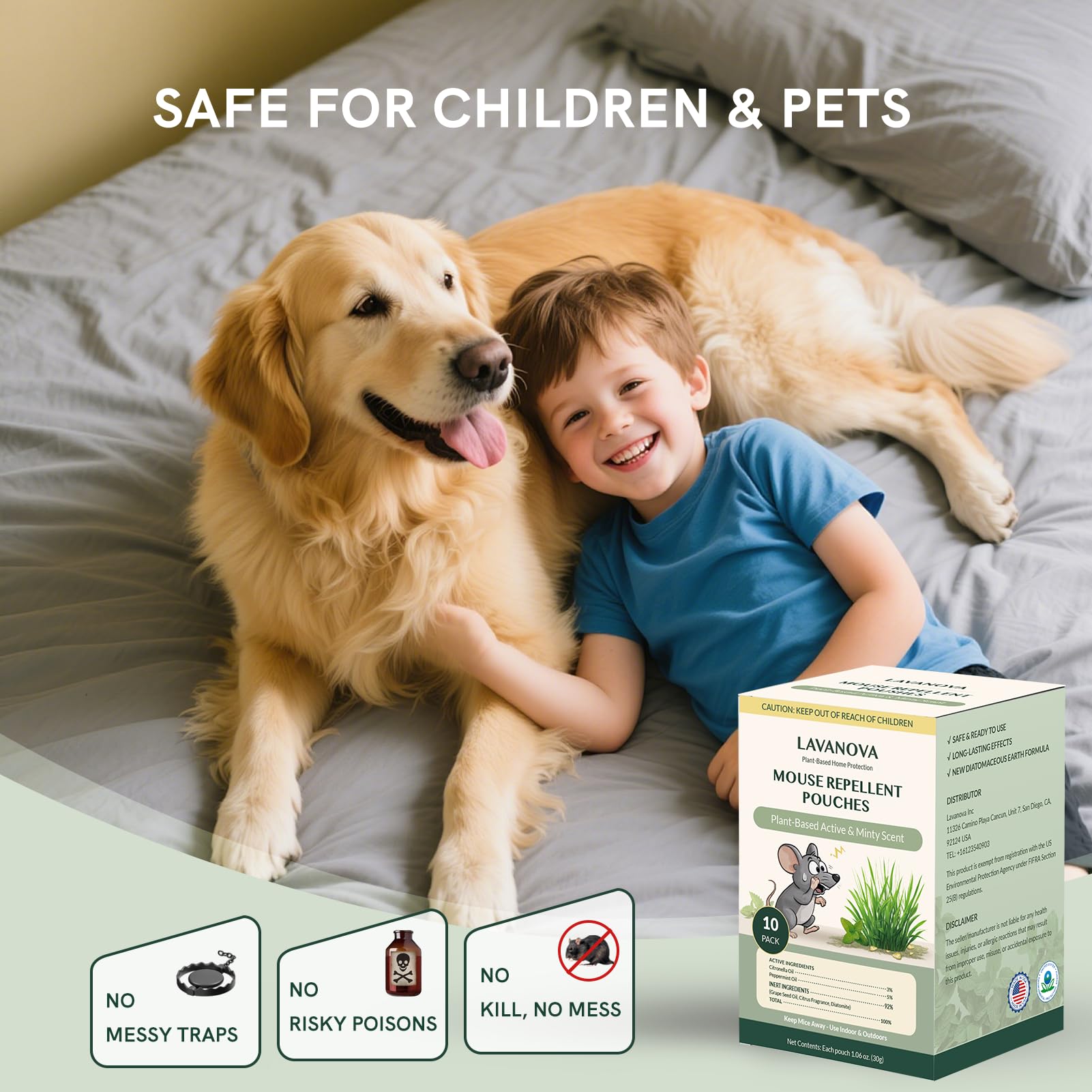 LAVANOVA Mouse Repellent Pouches displayed with natural ingredients