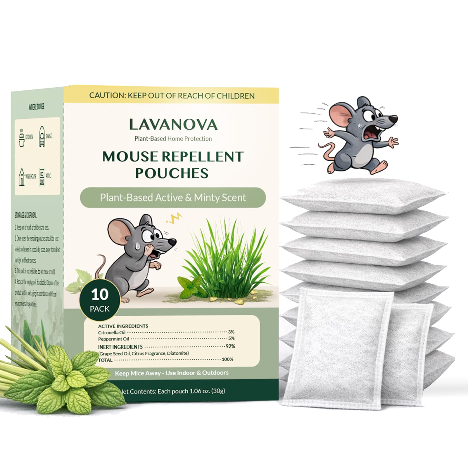 LAVANOVA Mouse Repellent Pouches pack of 10, peppermint scent