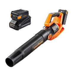LawnMaster Cordless Leaf Blower front view with battery