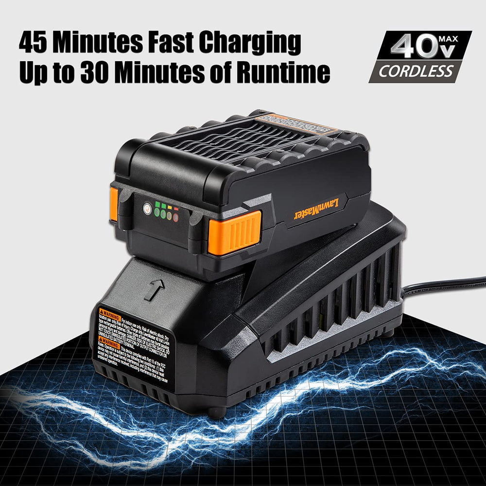 LawnMaster Leaf Blower packaged with quick charger