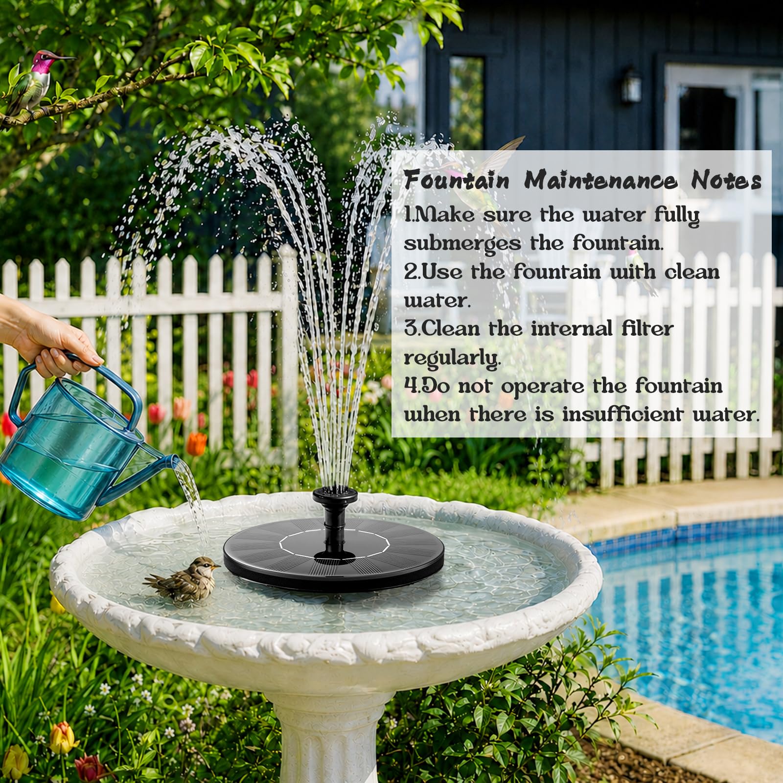 LAWOHO Solar Fountain Pump installed in a bird bath