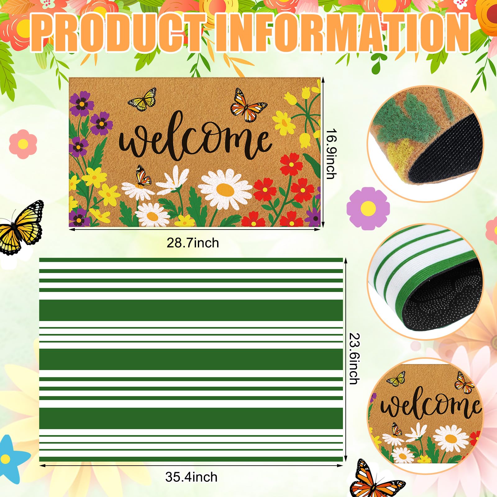 Layered doormat set showing floral design and striped bottom