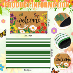 Layered doormat set showing floral design and striped bottom