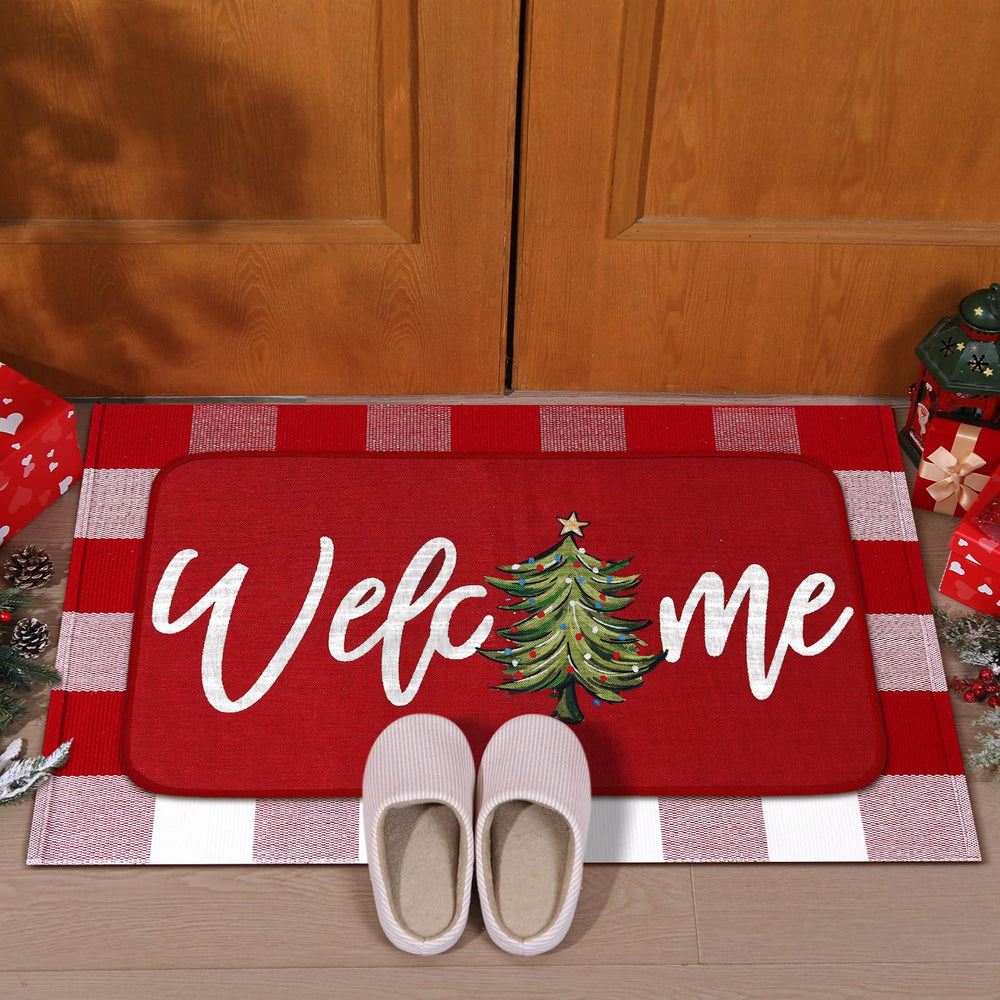 Layered doormat showing Christmas tree design and 'Welcome' message