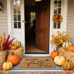 Layered Duraaamo fall doormat and stripe rug on porch