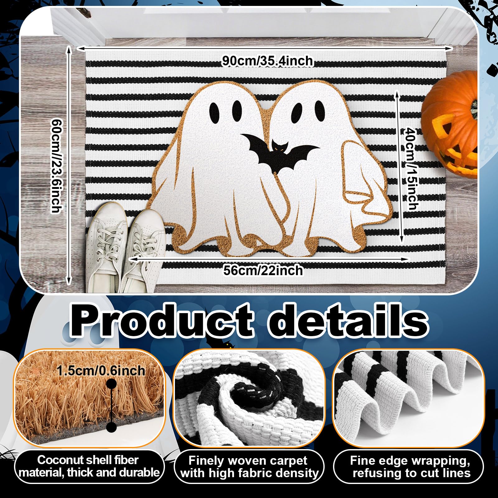 Layered Halloween doormat and striped rug