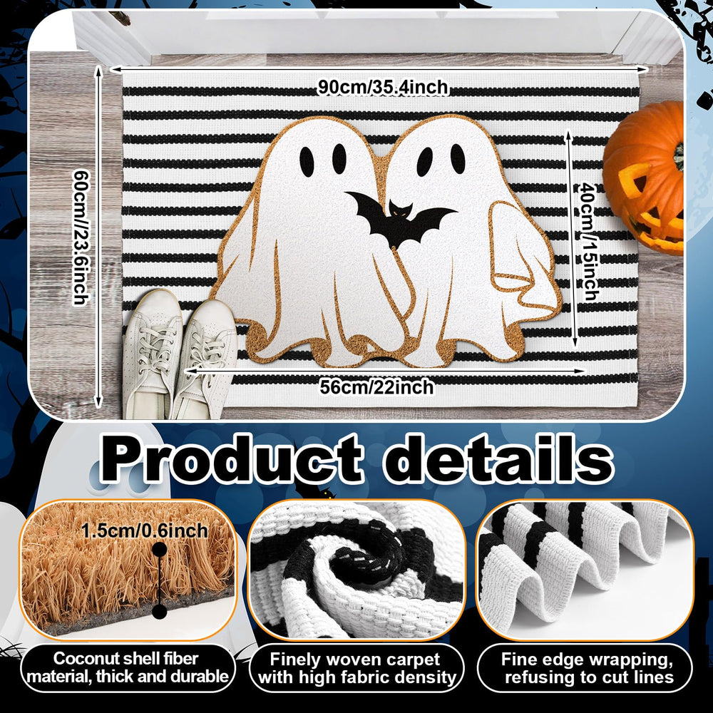 Layered Halloween doormat and striped rug