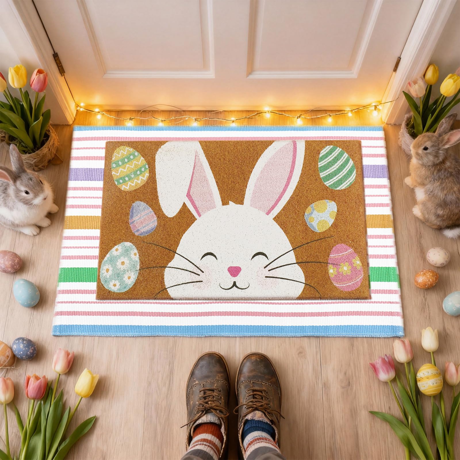 Layered view of Duraaamo Easter doormat and colorful rug