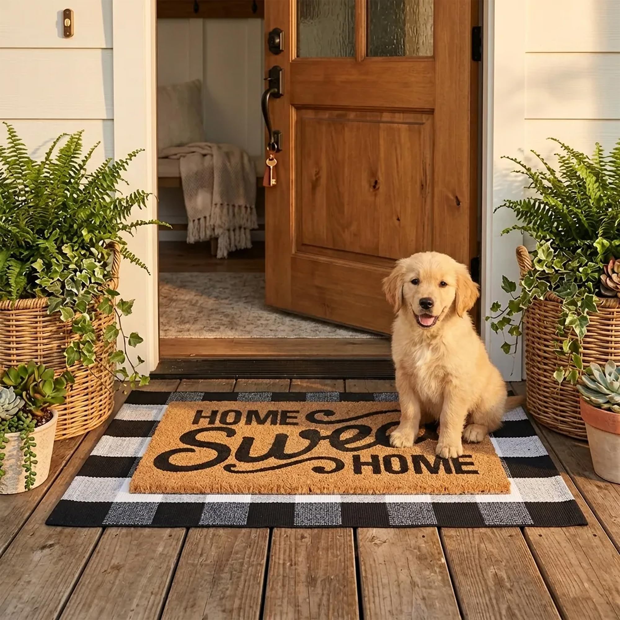 Layered view of the Homydecor doormat set on a porch