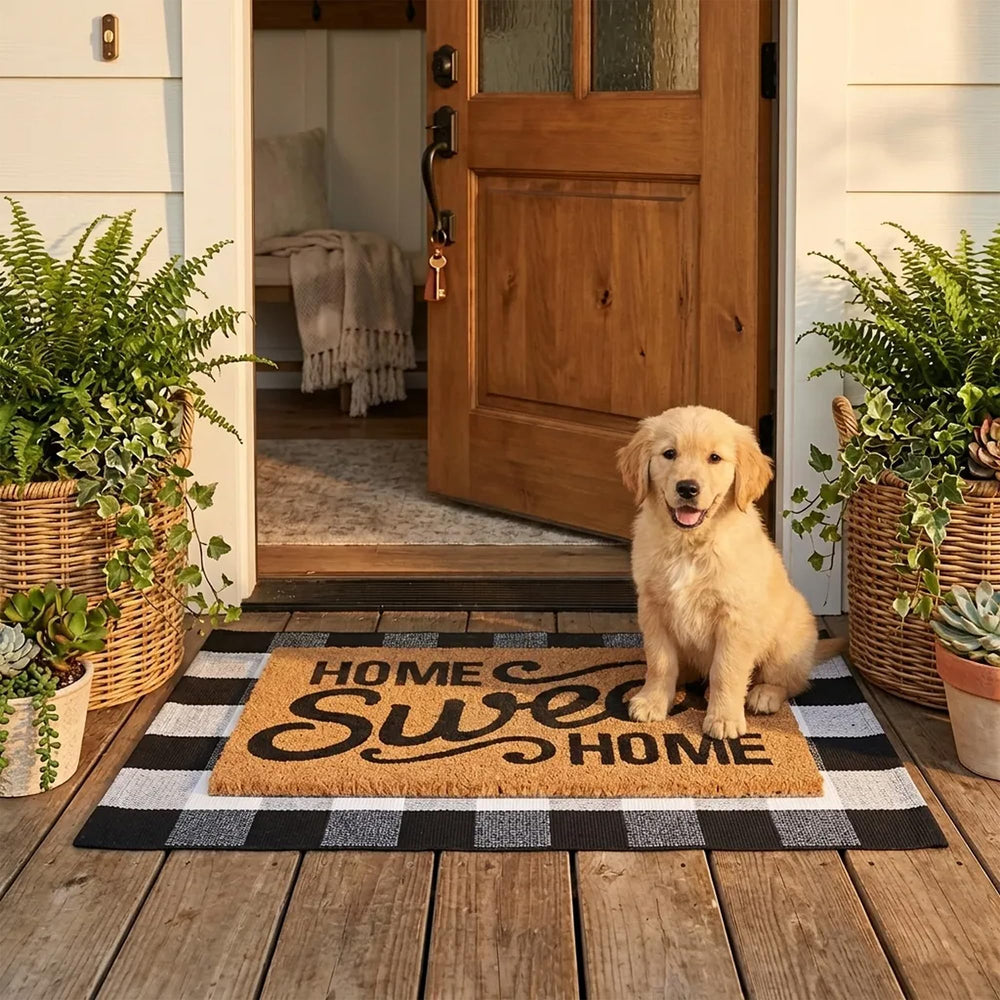 Layered view of the Homydecor doormat set on a porch