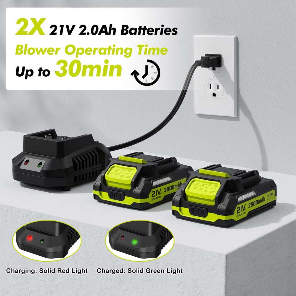 LAZYBOI Leaf Blower showing two included batteries and charger