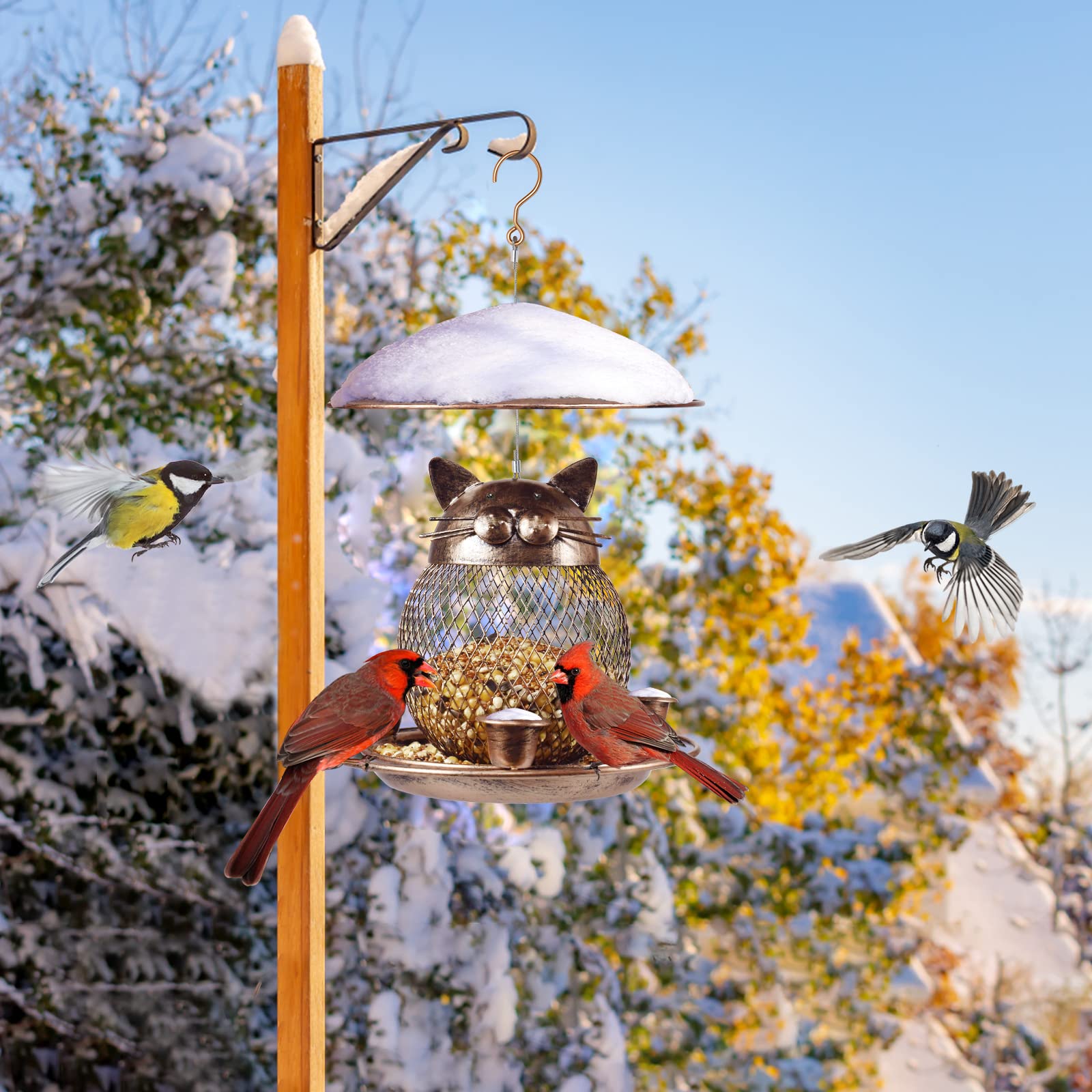 LBTING cat-shaped bird feeder filled with seeds