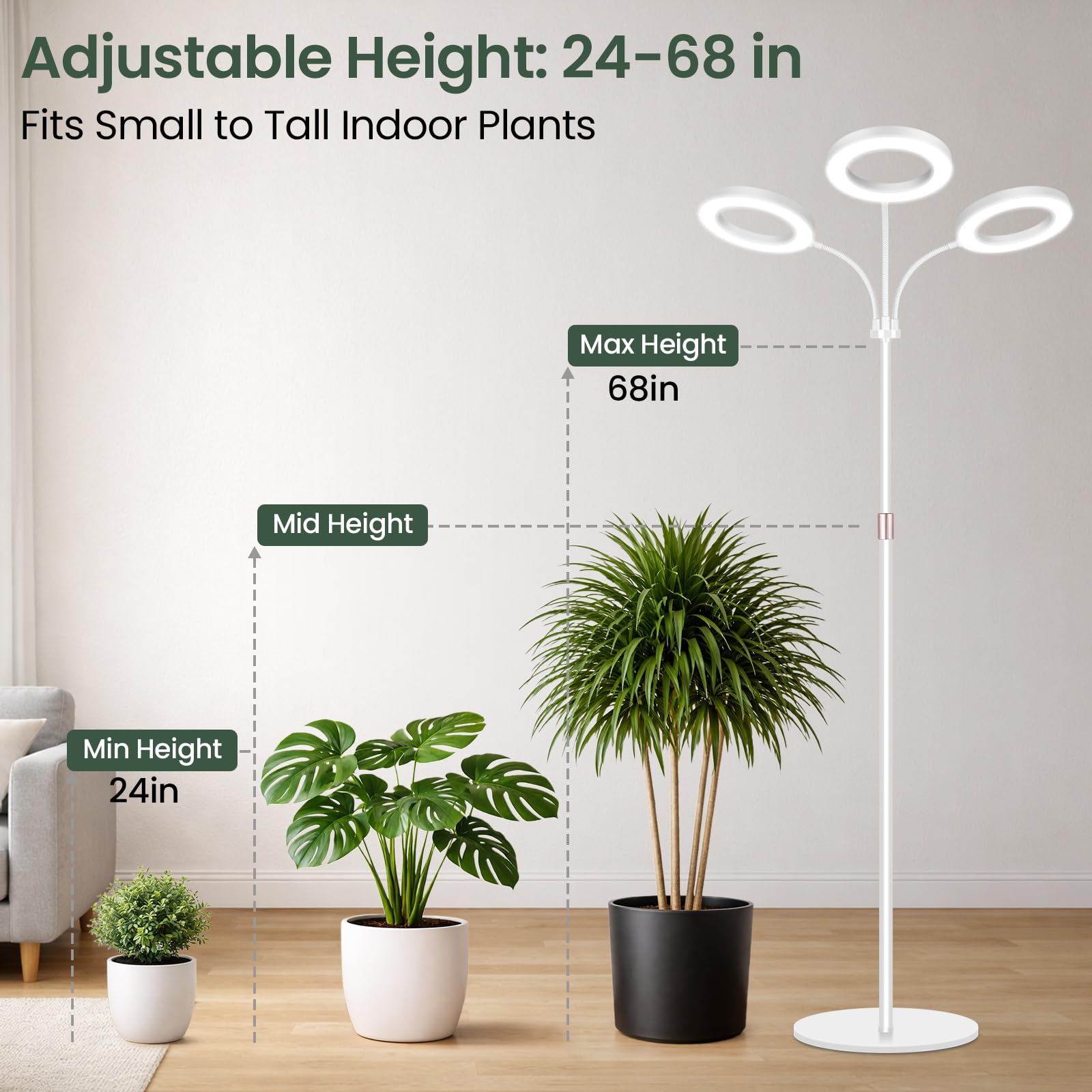 LBW 3-Head Grow Light's heavy-duty base and telescopic rod