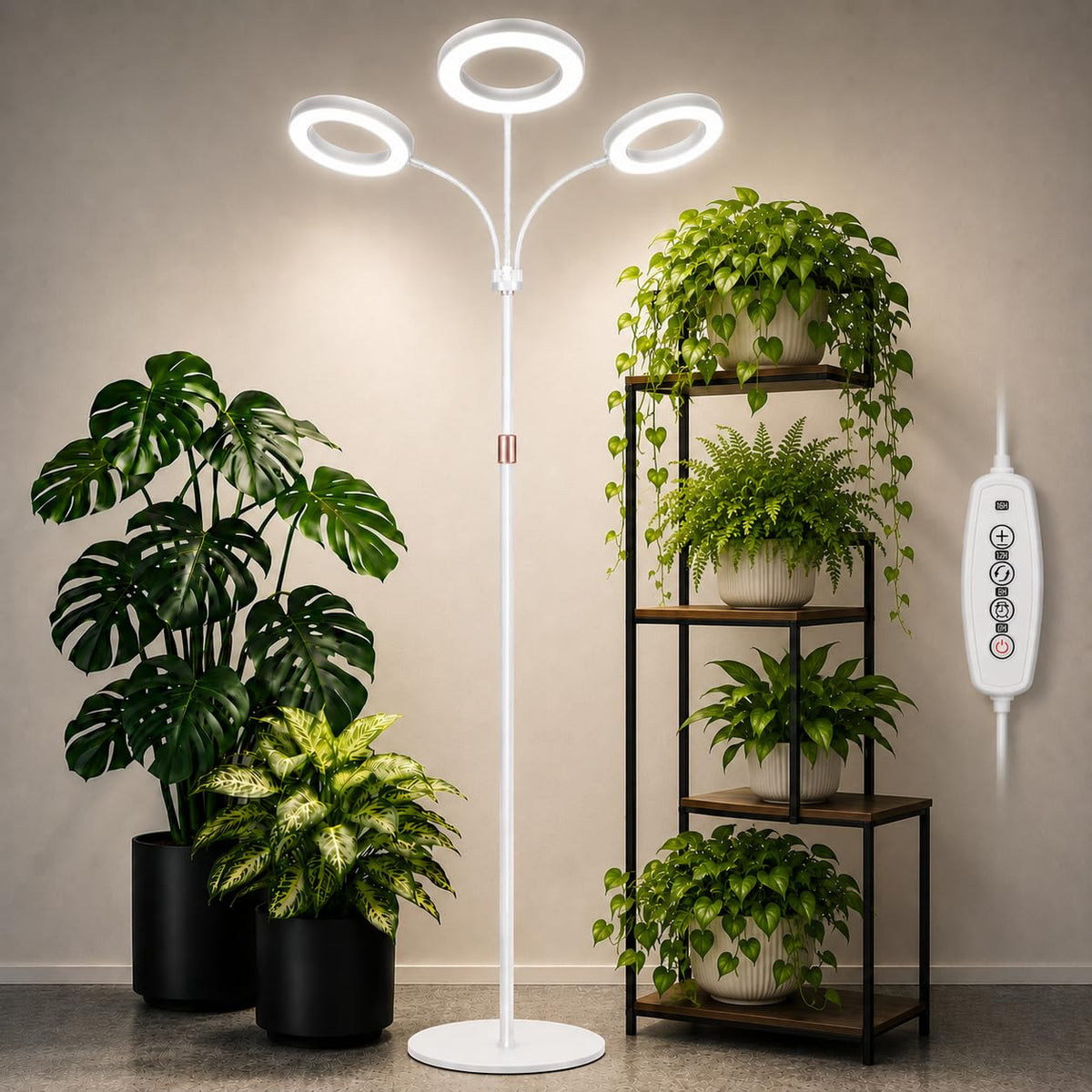 LBW 3-Head Grow Light with adjustable stand and white finish