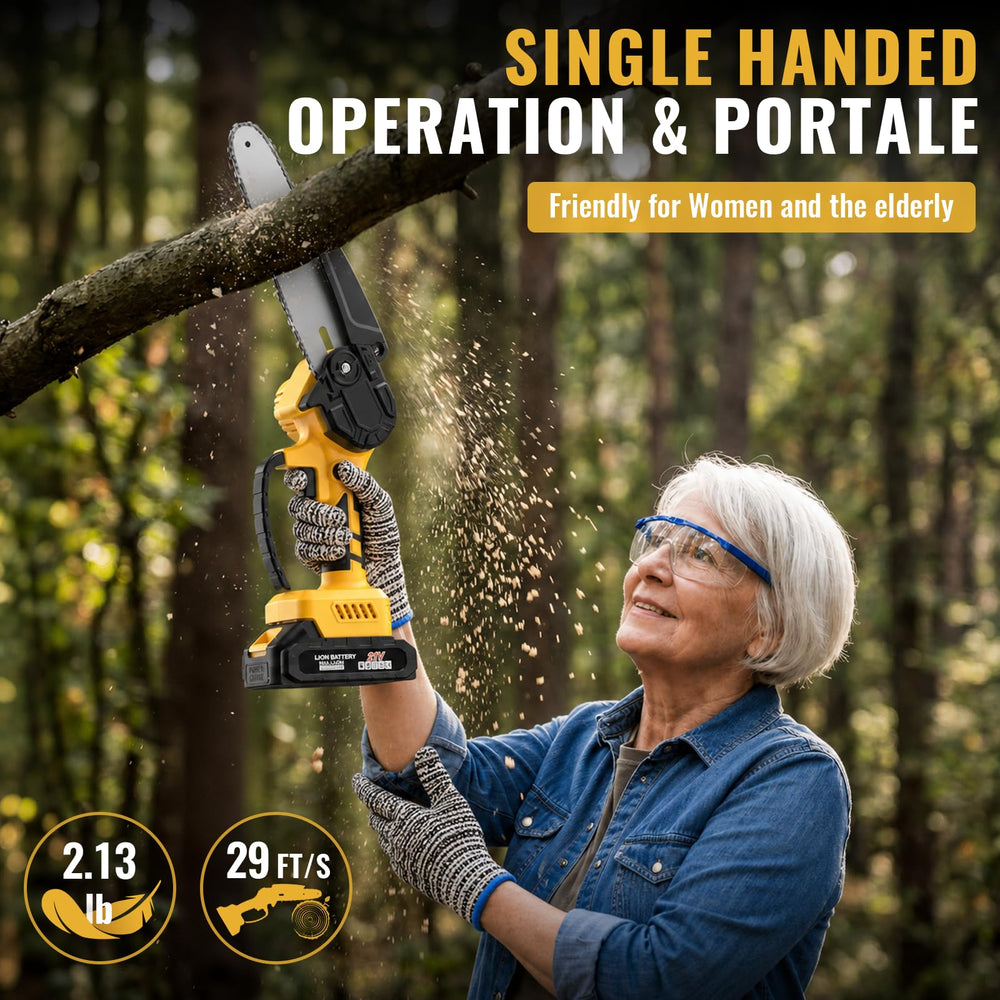 LCOIEDU Mini Chainsaw showing ergonomic handle