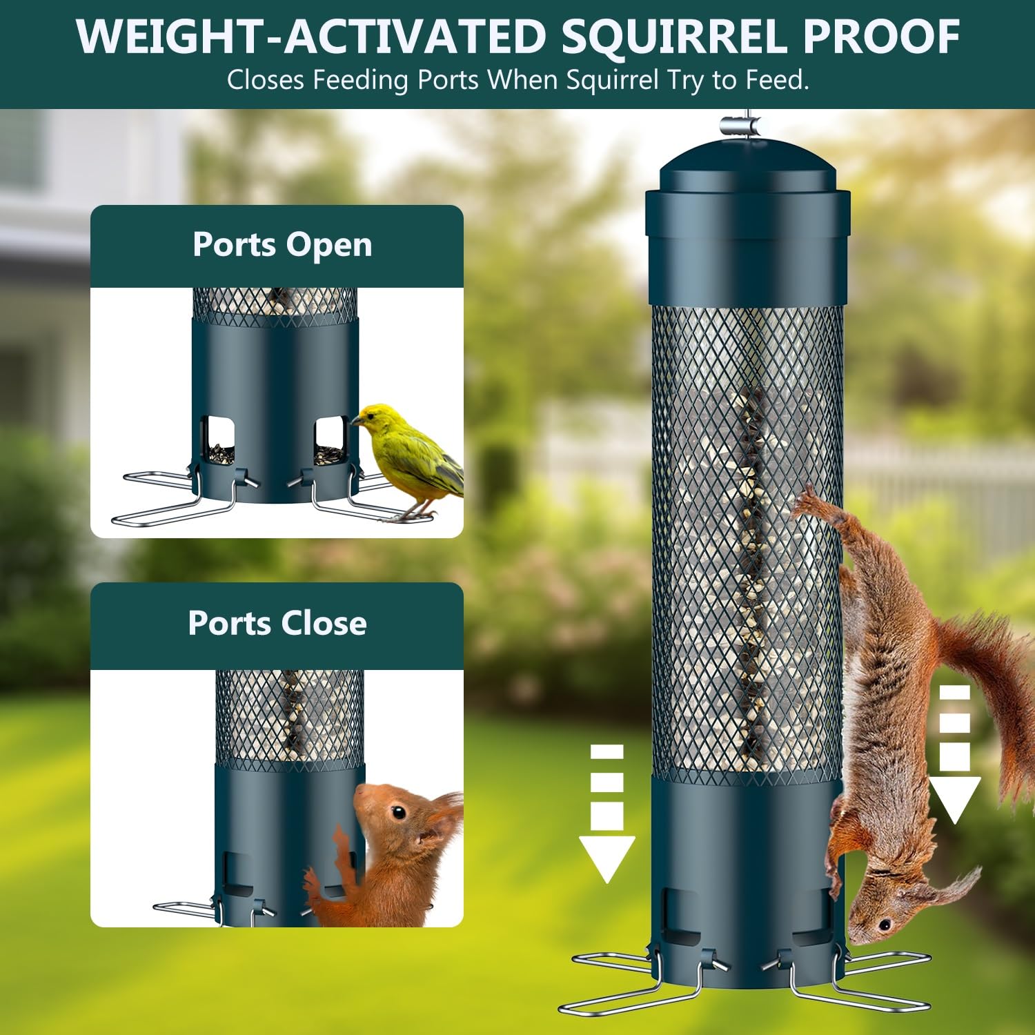 LCSEVEN bird feeder side view showing weight-activated feature