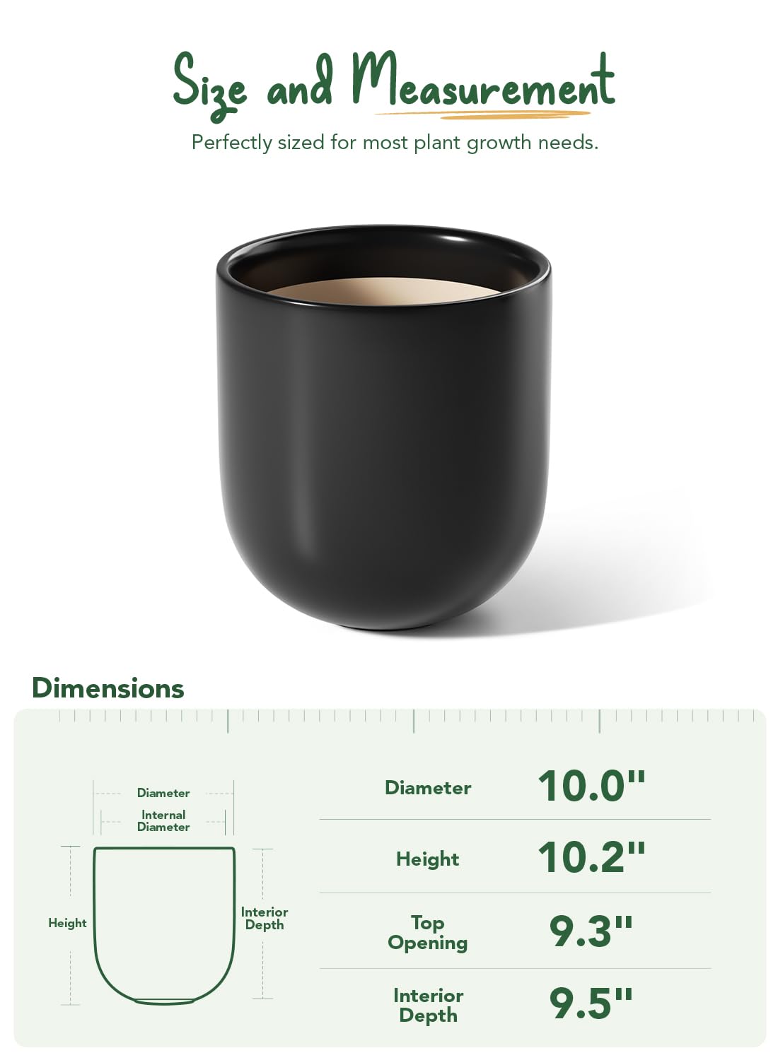 LE TAUCI 10 Inch Black Ceramic Plant Pot with drainage hole