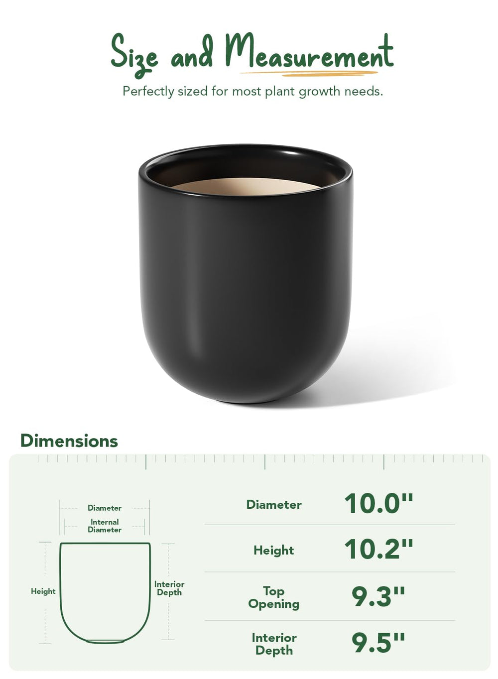 LE TAUCI 10 Inch Black Ceramic Plant Pot with drainage hole