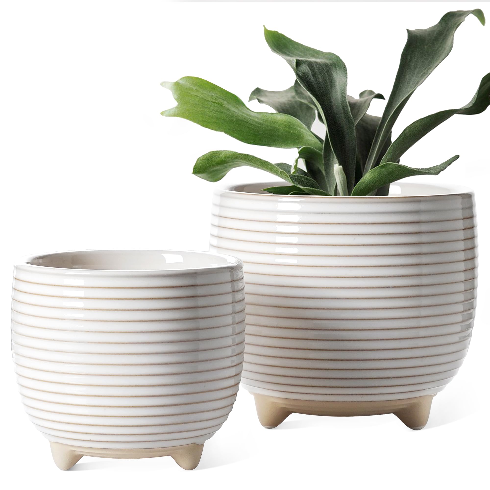 LE TAUCI Ceramic Plant Pot Set - 6.4 inch and 5.1 inch, Reactive Glaze White
