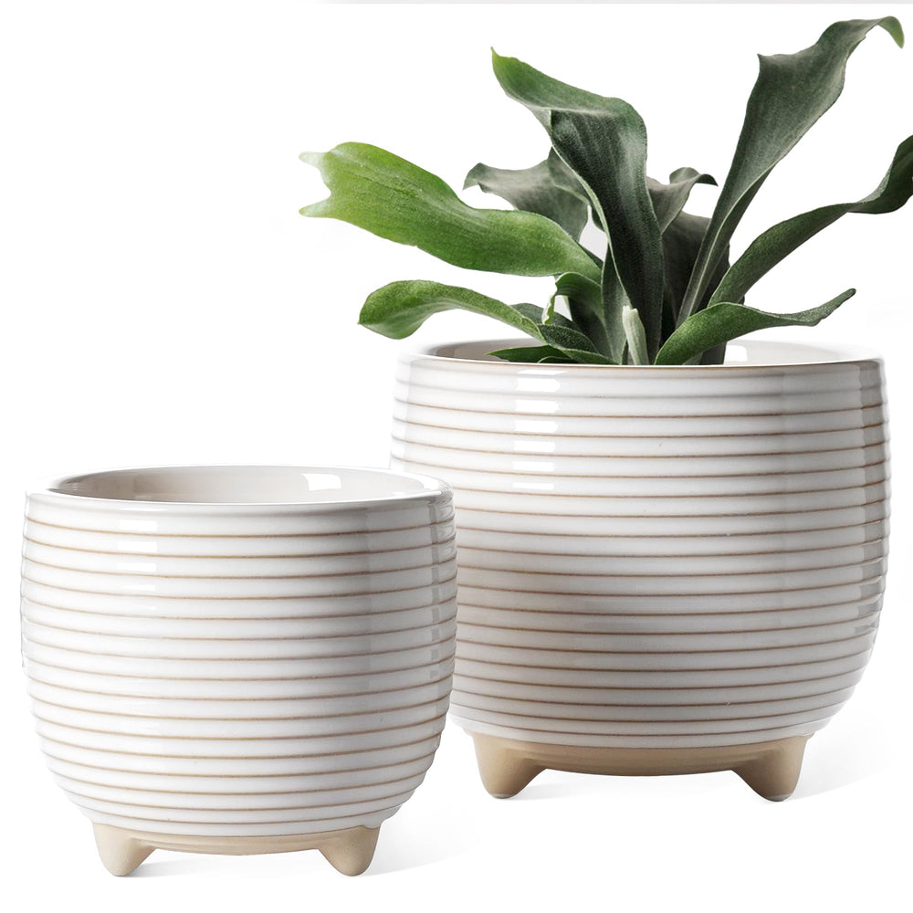 LE TAUCI Ceramic Plant Pot Set - 6.4 inch and 5.1 inch, Reactive Glaze White