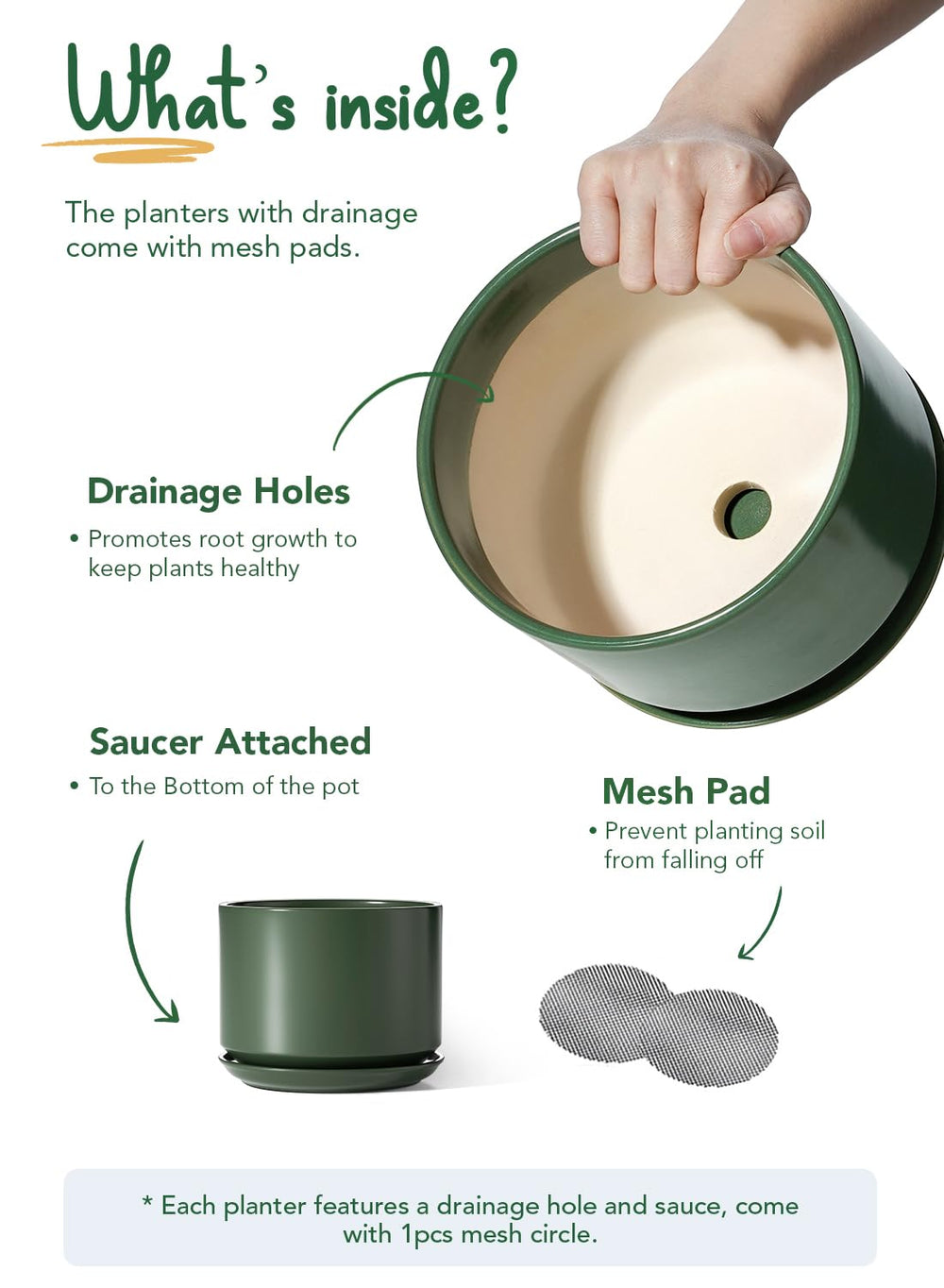 LE TAUCI Ceramic Pot for indoor plants with mesh pad
