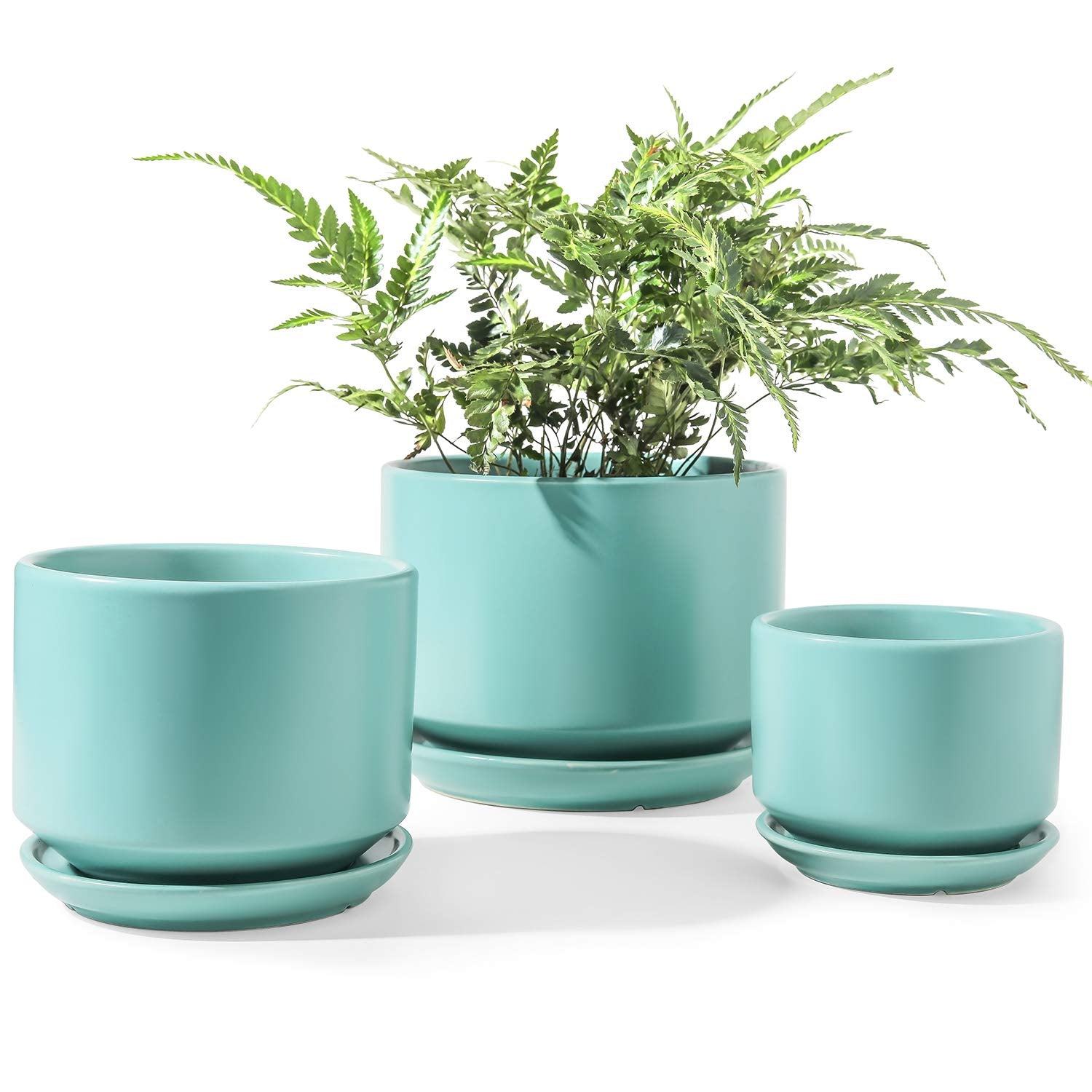 LE TAUCI ceramic pots set of 3 in turquoise color, showcasing different sizes