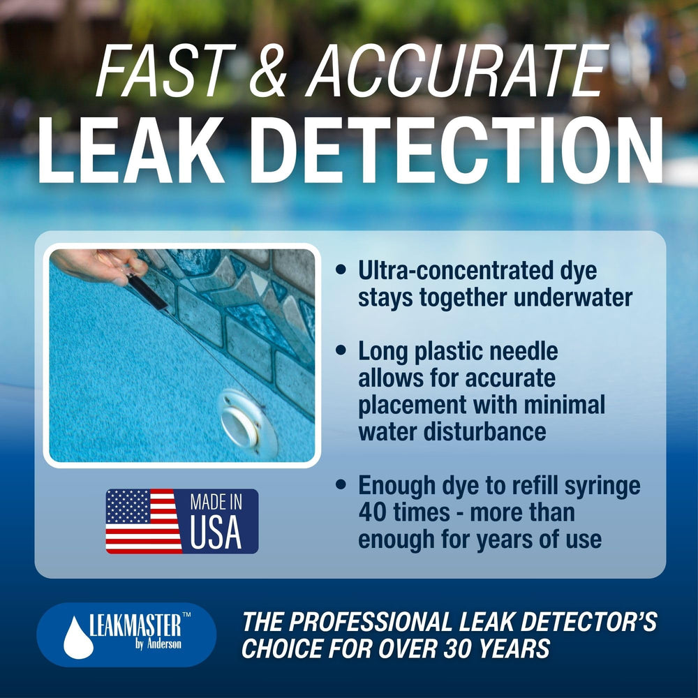 Leakmaster blue dye in syringe for pool leak detection