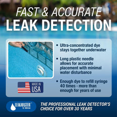 Leakmaster blue dye in syringe for pool leak detection