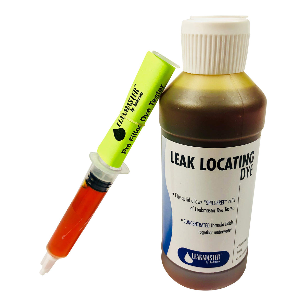 Leakmaster Pool Dye Leak Detection Kit front view with syringe and bottle